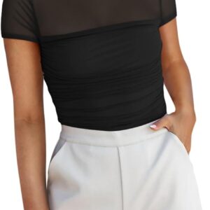 REORIA Women's Sexy Mock Turtle Neck Short Sleeve Shirts Sheer Mesh Ruched Trendy Going Out Bodysuits Tops