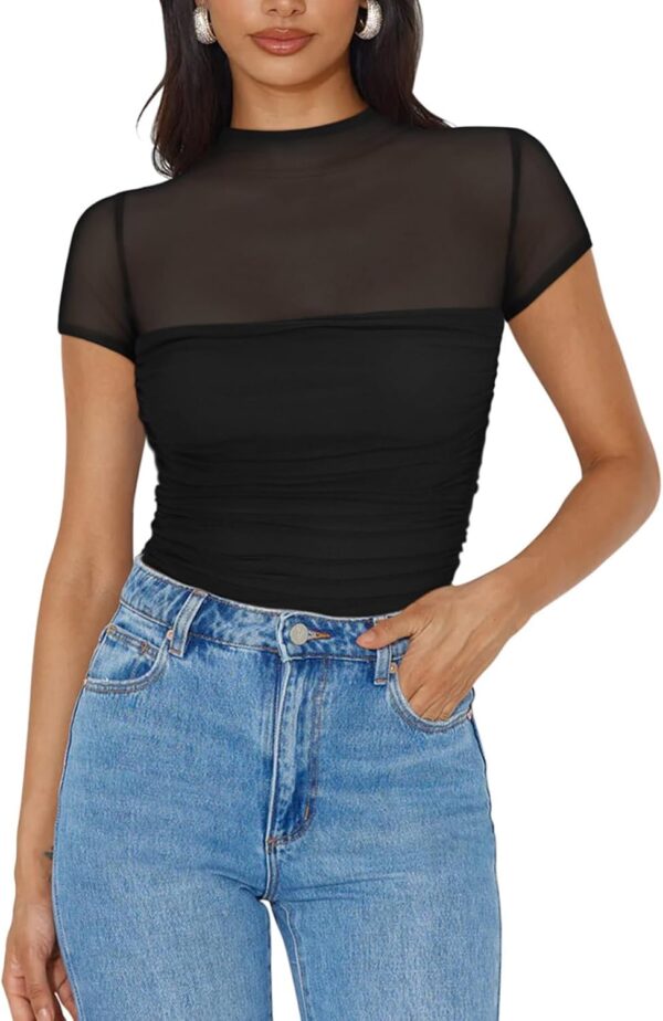 REORIA Women's Sexy Mock Turtle Neck Short Sleeve Shirts Sheer Mesh Ruched Trendy Going Out Bodysuits Tops - Image 4