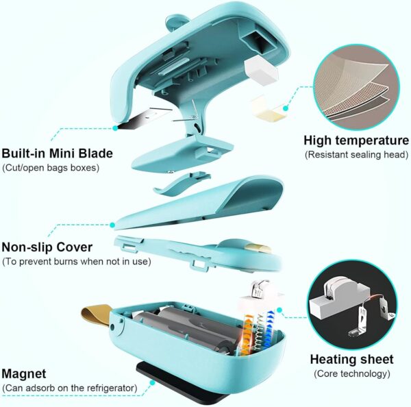 Mini Kenossion Chip Bag Sealer - Heat Seal with Cutter & Magnet, Portable Mini Sealing Machine to Reseal Plastic Bags & Keep Snacks Fresh (2xAA Batteries Included) - Image 4