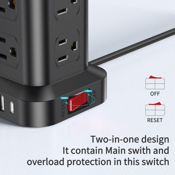 Extension Cord with Multiple Outlets, Surge Protector Power Strip Tower, 12 AC 4 USB，Surge Protector Tower 6.5FT Overload Protection for Home Office - Image 6