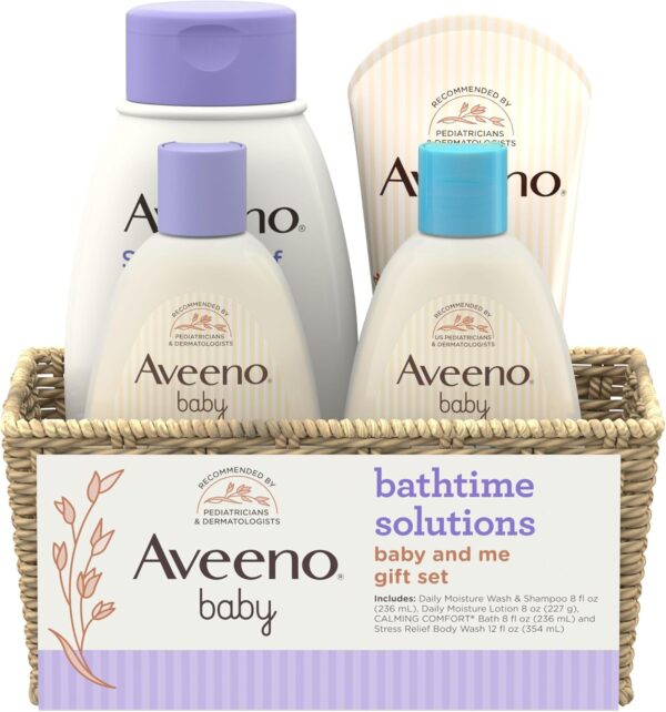 Aveeno Baby Bathtime Solutions Baby & Me Gift Set with Baby Wash & Shampoo, Calming Baby Bath, Baby Daily Moisturizing Lotion & Stress Relief Body Wash for Mom, Oatmeal, 4 Items - Image 2
