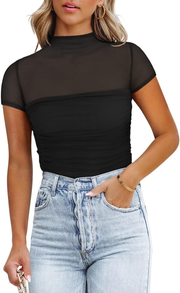 REORIA Women's Sexy Mock Turtle Neck Short Sleeve Shirts Sheer Mesh Ruched Trendy Going Out Bodysuits Tops - Image 3