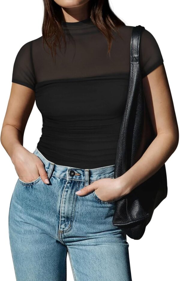 REORIA Women's Sexy Mock Turtle Neck Short Sleeve Shirts Sheer Mesh Ruched Trendy Going Out Bodysuits Tops - Image 5