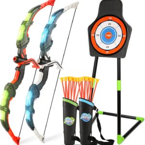 Bow and Arrow Set for Kids, 2-Pack LED Light Up Archery Set with 20 Suction Cup Arrows, Outdoor Toy for Boy Girl Age 4-8 8-12 with Standing Target&2 Quivers, Birthday Gift for Kid 5 6 7 8 9 Year Old