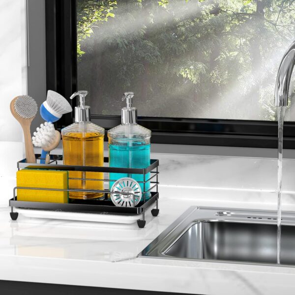 Cisily Sponge Holder , Caddy Organizer, Sink Accessories with Drip Tray, Rustproof and Non-slip , Kitchen Essentials for New Home（Matte Black - Image 5