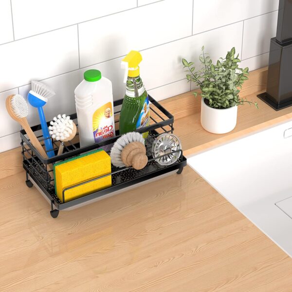 Cisily Sponge Holder , Caddy Organizer, Sink Accessories with Drip Tray, Rustproof and Non-slip , Kitchen Essentials for New Home（Matte Black - Image 7
