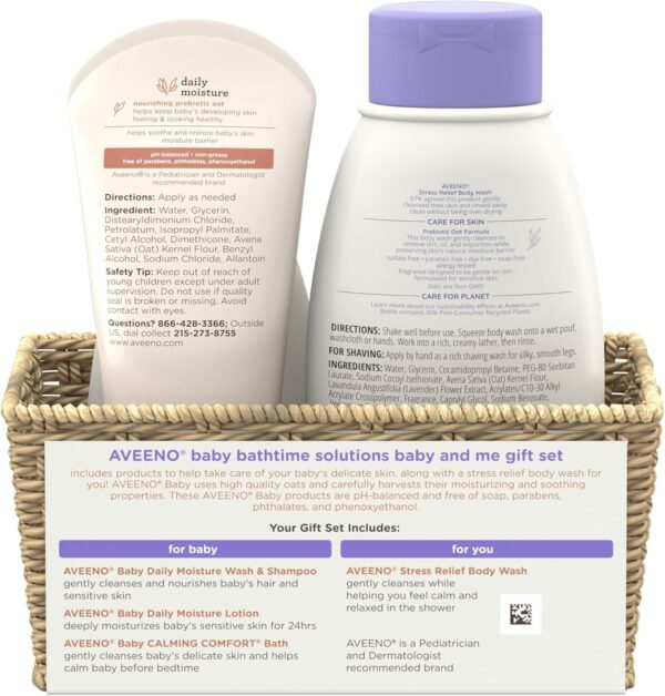 Aveeno Baby Bathtime Solutions Baby & Me Gift Set with Baby Wash & Shampoo, Calming Baby Bath, Baby Daily Moisturizing Lotion & Stress Relief Body Wash for Mom, Oatmeal, 4 Items - Image 9