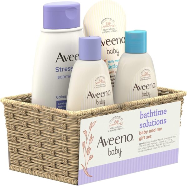 Aveeno Baby Bathtime Solutions Baby & Me Gift Set with Baby Wash & Shampoo, Calming Baby Bath, Baby Daily Moisturizing Lotion & Stress Relief Body Wash for Mom, Oatmeal, 4 Items - Image 3