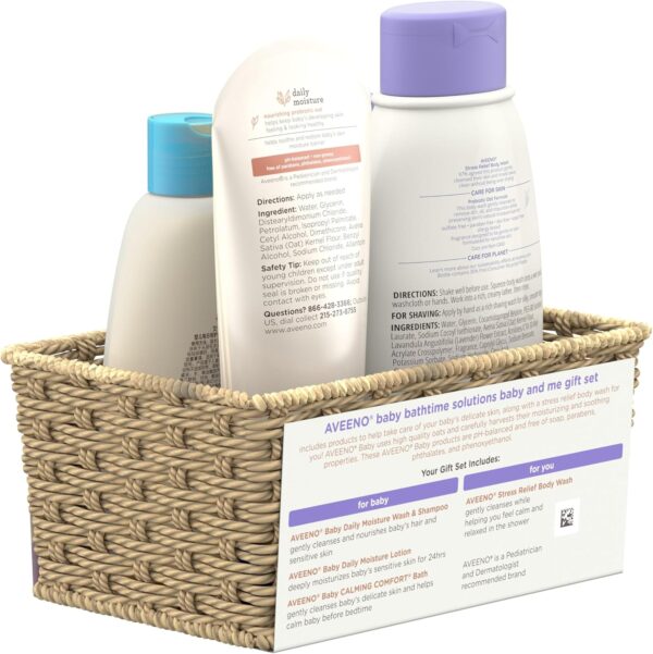 Aveeno Baby Bathtime Solutions Baby & Me Gift Set with Baby Wash & Shampoo, Calming Baby Bath, Baby Daily Moisturizing Lotion & Stress Relief Body Wash for Mom, Oatmeal, 4 Items - Image 8