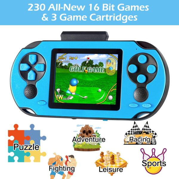 16 Bit Handheld Game Console for Kids Adults, 3.0'' Large Screen Preloaded 230 HD Classic Retro Video Games with USB Rechargeable Battery & 3 Game Cartridges for Birthday Gift for Kids 4-12 - Image 2