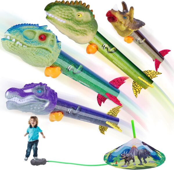 Dinosaur Toy Rocket Launcher for Kids - Launch Up to 100 Ft, 4 Rockets, Outdoor Outside Toys for Kids, Dinosaur Toys, Birthday Gifts for 3 4 5 6 7 8-12 Year Old Boys Girls