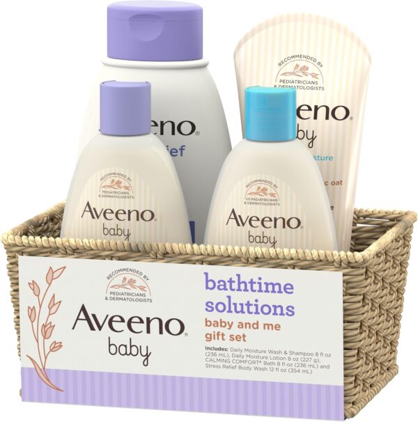 Aveeno Baby Bathtime Solutions Baby & Me Gift Set with Baby Wash & Shampoo, Calming Baby Bath, Baby Daily Moisturizing Lotion & Stress Relief Body Wash for Mom, Oatmeal, 4 Items - Image 7